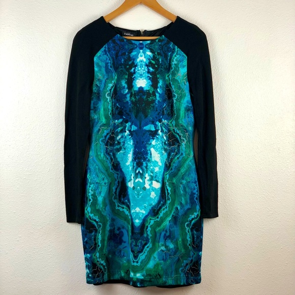 Bebe ink blot dress in blues & greens & black arms - Picture 1 of 5